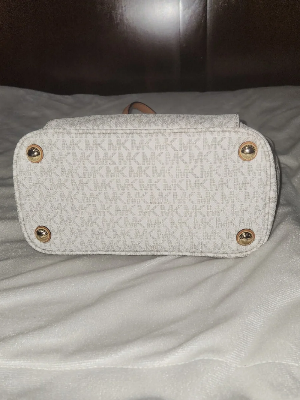 Michael Kors Ivory Monogram Tote with Tan Trim and Gold Charm